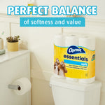 Lifestyle shot of Charmin Essentials soft toilet paper pack sitting on a toilet tank in a bathroom shelf scene