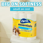 Charmin Essentials Soft bathroom scene with a wrapped pack of rolls on a toilet tank