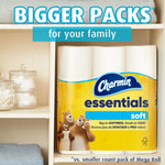 Charmin Essentials Soft pack stored on a shelf next to bathroom accessories with 'Bigger packs' text