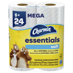 Close-up of Charmin Essentials soft packaging showing yellow label, bears mascot and 'MEGA 24' callout