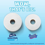 Two toilet paper rolls on blue background comparing size with Charmin Essentials soft logo and headline