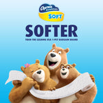 Charmin Essentials Soft promotional graphic with three bear mascots holding an embossed toilet paper sheet under 'SOFTER' headline