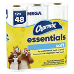 Three Charmin Essentials soft mega rolls in yellow packaging with visible logo and 12=48 mega callout