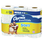 Three-roll view of Charmin Essentials Soft mega pack with blue and yellow banding and bear mascots