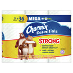 Close-up front view of Charmin Essentials Strong packaged toilet paper showing brand logo, bears and product claims