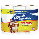 Front-facing pack of Charmin Essentials Strong mega toilet paper rolls with bears mascot and yellow label