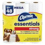 Front view of Charmin Essentials Strong yellow packaged three-mega-roll pack with brand logo and bears