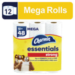 Packaged Charmin Essentials Strong mega rolls with yellow branding and bear mascots on white background