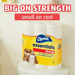 Charmin Essentials Strong pack on a toilet tank with text “Big on Strength small on cost” above