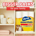Charmin Essentials Strong pack stored on a bathroom shelf alongside towels and bath items