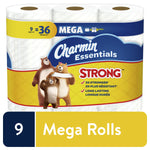 Packaged Charmin Essentials Strong toilet paper showing three visible mega rolls and branded yellow-blue packaging