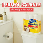 Charmin Essentials Strong package displayed on a toilet tank with bathroom decor and bold headline