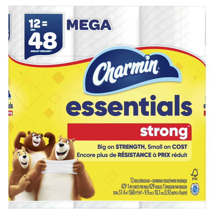 Close-up of Charmin Essentials Strong yellow package showing logo, bears and mega roll badge