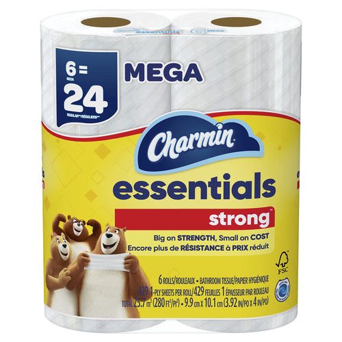 Three white mega toilet paper rolls in clear wrap with yellow Charmin Essentials Strong label and bear mascots