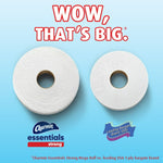 Comparison graphic showing a Charmin Essentials Strong mega roll next to a smaller competitor roll