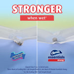 Split comparison graphic showing wet-strength test for Charmin Essentials Strong versus a bargain brand