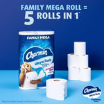Charmin Ultra Soft Family Mega package beside an unwrapped roll and a small stack of rolls under the headline 'Family Mega Roll = 5 Rolls in 1'.