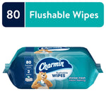 Packaged Charmin flushable wipes in teal packaging labeled 80 flushable wipes with Charmin bear mascot