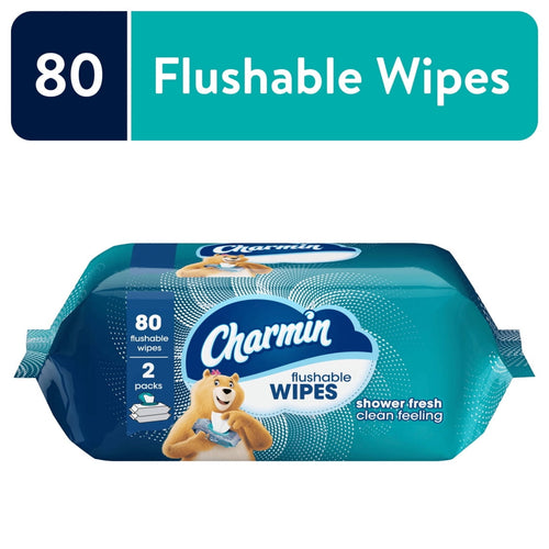 Packaged Charmin flushable wipes in teal packaging labeled 80 flushable wipes with Charmin bear mascot