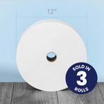 Single large Charmin Forever refill roll front view with 12-inch width dimension marked and sold in 3 rolls badge.