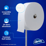 Close-up of a Charmin Forever Roll on a stainless steel holder with icons calling out softness, absorbency and premium holder.