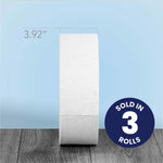 Profile view of a Charmin Forever toilet paper roll showing 3.92-inch sheet width measurement and sold-in-3 badge.