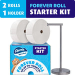Charmin Forever Roll starter kit box with two oversized rolls and a stainless steel standing holder against white background.