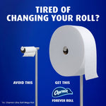 Comparison graphic showing a small roll on a toilet paper holder beside a large Charmin Forever Roll on a stand with promotional headline.