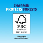Blue gradient graphic with 'CHARMIN PROTECTS FORESTS' and the FSC certification mark and certification code