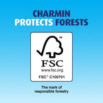 FSC certification logo panel with 'Charmin protects forests' headline on blue gradient background