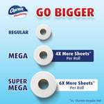 Infographic showing three roll sizes (regular, mega, super mega) with labels about more sheets per roll