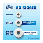 Infographic comparing regular, mega, and super mega Charmin rolls showing increasing roll sizes