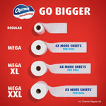 Size comparison graphic showing regular, mega, mega XL and mega XXL rolls with 'GO BIGGER' headline and Charmin logo