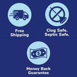 Three circular blue icons on dark blue background highlighting free shipping, clog/septic safe, and money-back guarantee.