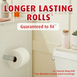 Bathroom scene showing a toilet roll on a holder with headline ‘Longer Lasting Rolls’ and guarantee callout