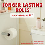 Bathroom scene with a toilet roll on a holder and large text 'LONGER LASTING ROLLS Guaranteed to fit'