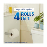 Bathroom scene showing a toilet paper roll on a holder and text claiming a Mega Roll equals four rolls