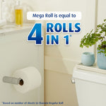 Bathroom scene showing a Charmin product claim graphic reading 'Mega Roll is equal to 4 rolls in 1' with toilet and decor