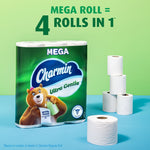 Charmin Ultra Gentle pack displayed next to loose toilet rolls and stacked rolls with ‘Mega roll = 4 rolls in 1’ text.