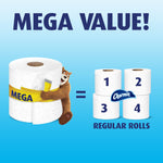 Graphic showing a mega Charmin roll with measuring tape next to four regular rolls illustrating mega value on blue background