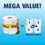 Graphic showing a single Charmin mega roll compared equal to four regular rolls with a bear hugging the mega roll