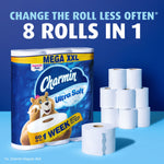 Charmin Ultra Soft Mega XXL pack displayed next to stacked toilet paper rolls with headline about changing the roll less often
