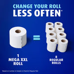 Graphic comparing one Mega XXL Charmin roll to eight regular rolls with bold text encouraging changing rolls less often