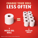 Infographic showing one mega XXL roll equating to eight regular rolls against a red background