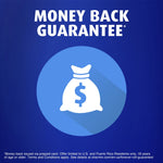 Blue graphic stating a money back guarantee with a stylized money bag icon and small terms text at the bottom.
