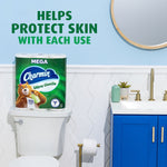 Bathroom scene showing Charmin Ultra Gentle pack on a toilet tank with text ‘Helps protect skin with each use’.