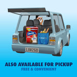 Illustration of a car trunk with a Charmin Ultra Strong pack and grocery tote accompanied by a bear mascot and 'Also available for pickup' text