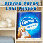 Charmin Ultra Soft package shown inside a bathroom shelving cubby with text 'Bigger Packs Last Longer'.