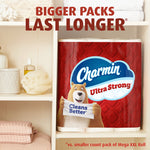 Charmin Ultra Strong multi-roll package shelved in a bathroom cabinet with headline ‘Bigger Packs Last Longer’
