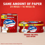 Side-by-side Charmin Ultra Strong pack and a Mega XL pack with text explaining same amount of paper across pack sizes